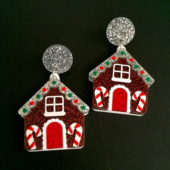 🍏50% OFF/3+...Glittering Acrylic Gingerbread House Dangle Christmas Earrings - Picture 4 of 7